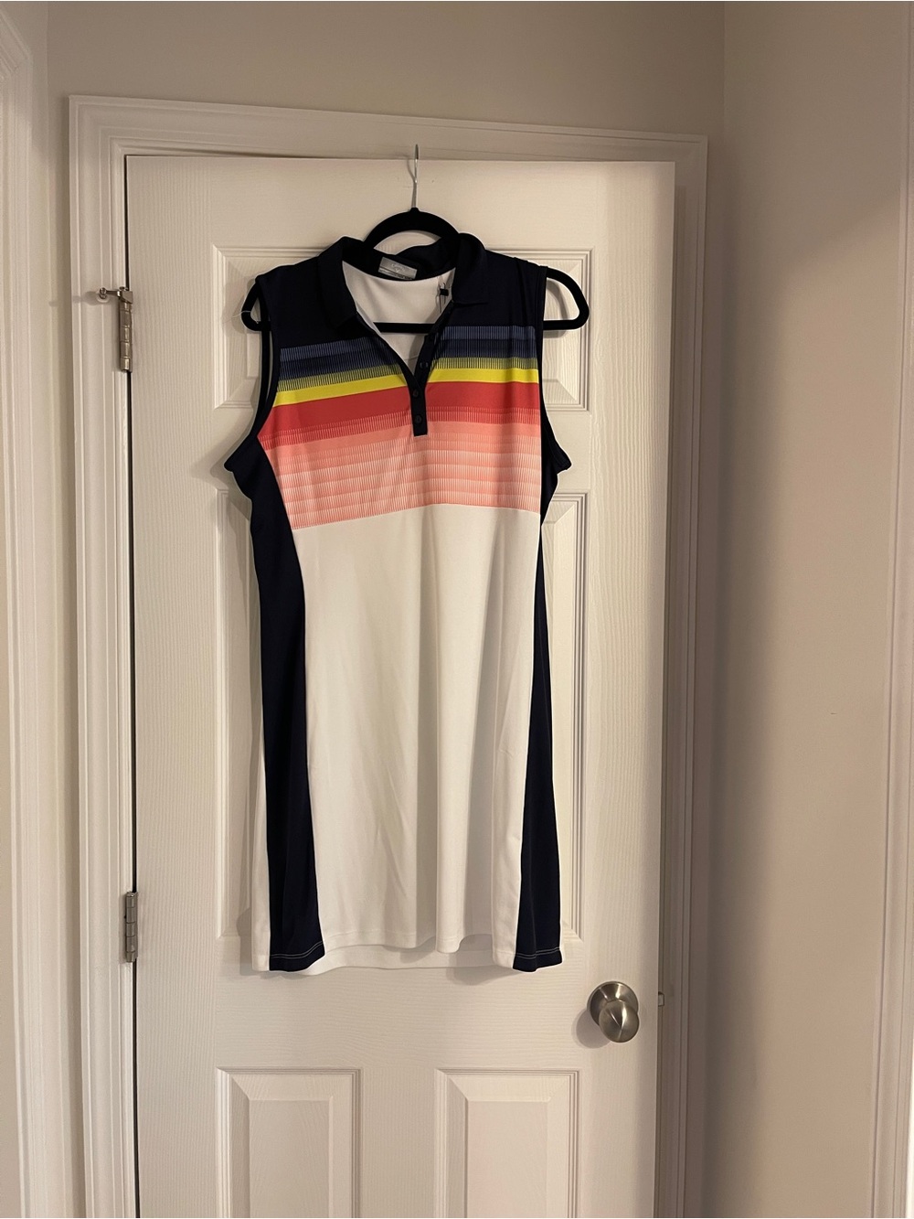 NWT Callaway White Sleeveless Polo Dress with Navy Panels and Multicolor Stripe - Picture 3 of 7